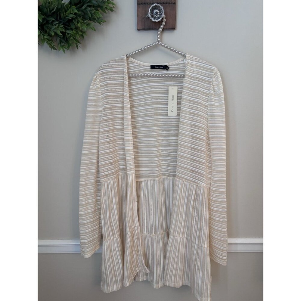 NWT Doe & Rae Womens Size L Pale Yellow Stripe Tiered Cardigan Open Front
